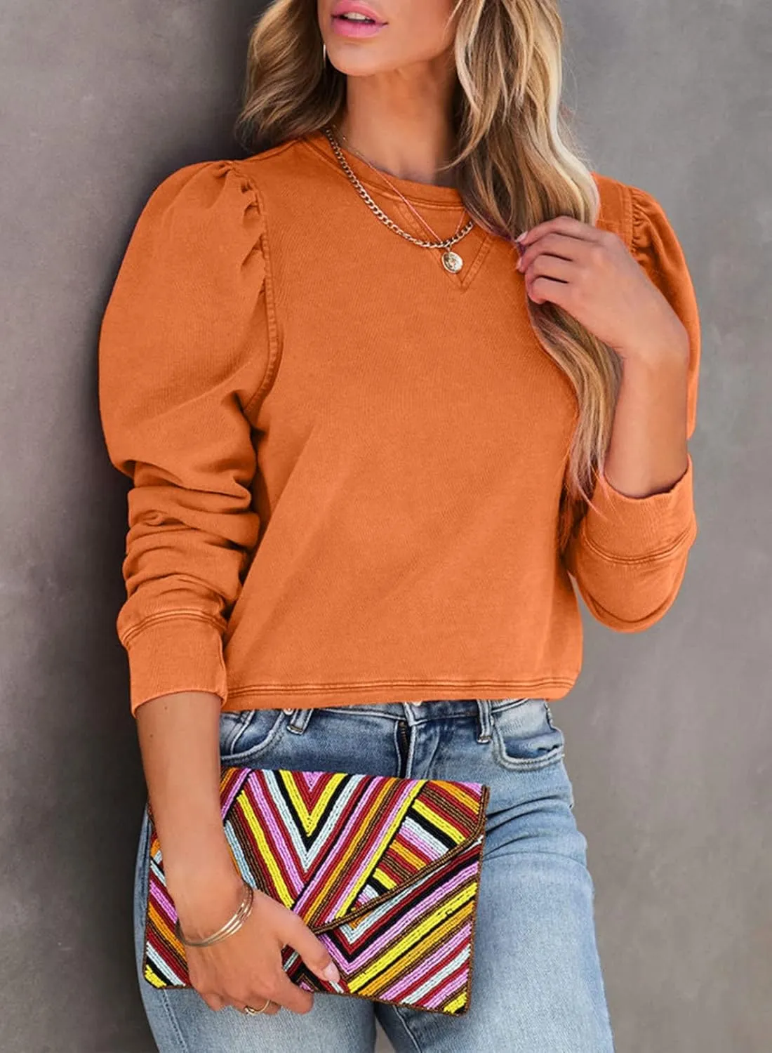 Dokotoo Womens Casual Cropped Sweatshirts Puff Sleeve Crop Pullover Crewneck Cute Tops