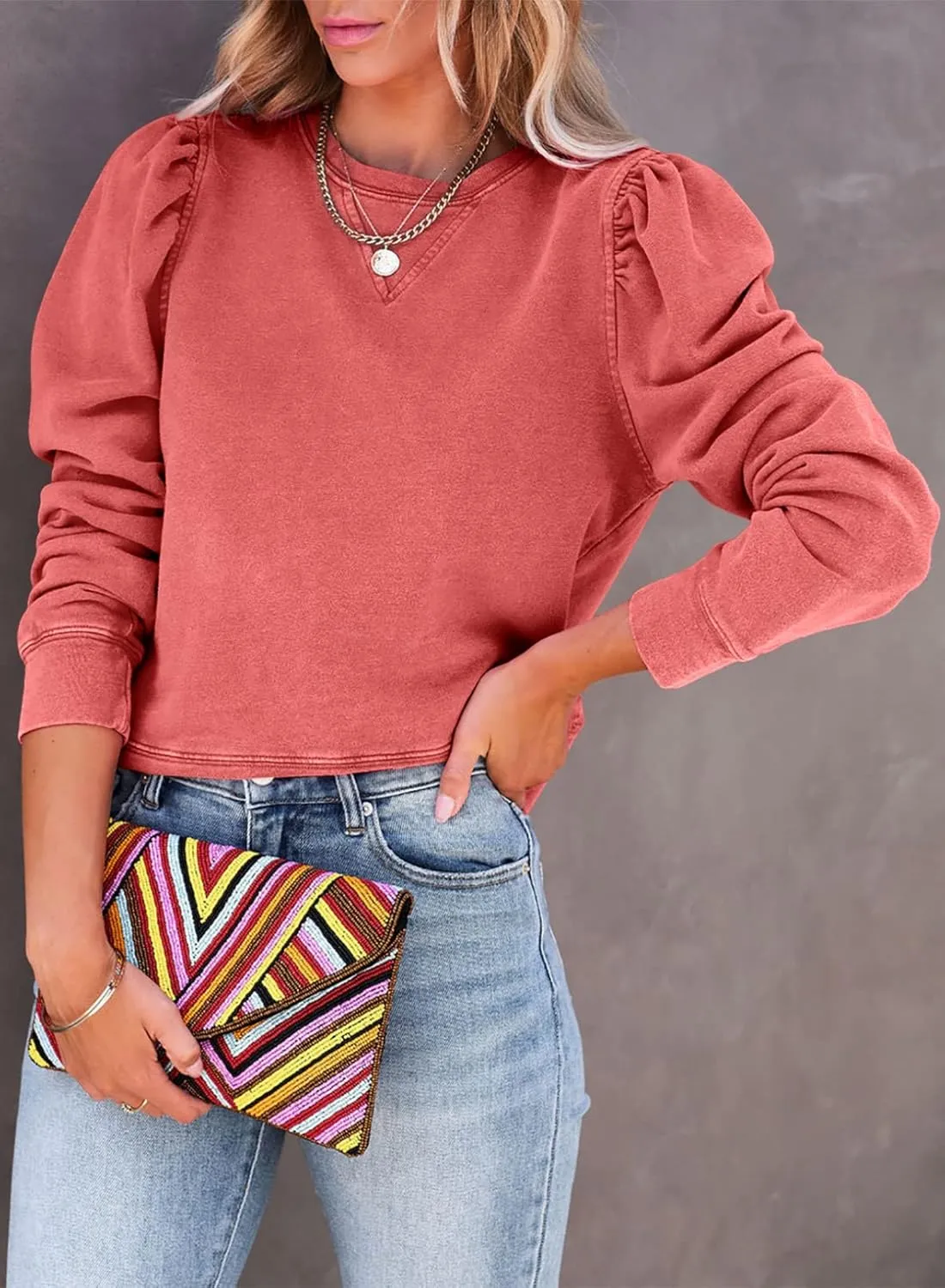 Dokotoo Womens Casual Cropped Sweatshirts Puff Sleeve Crop Pullover Crewneck Cute Tops