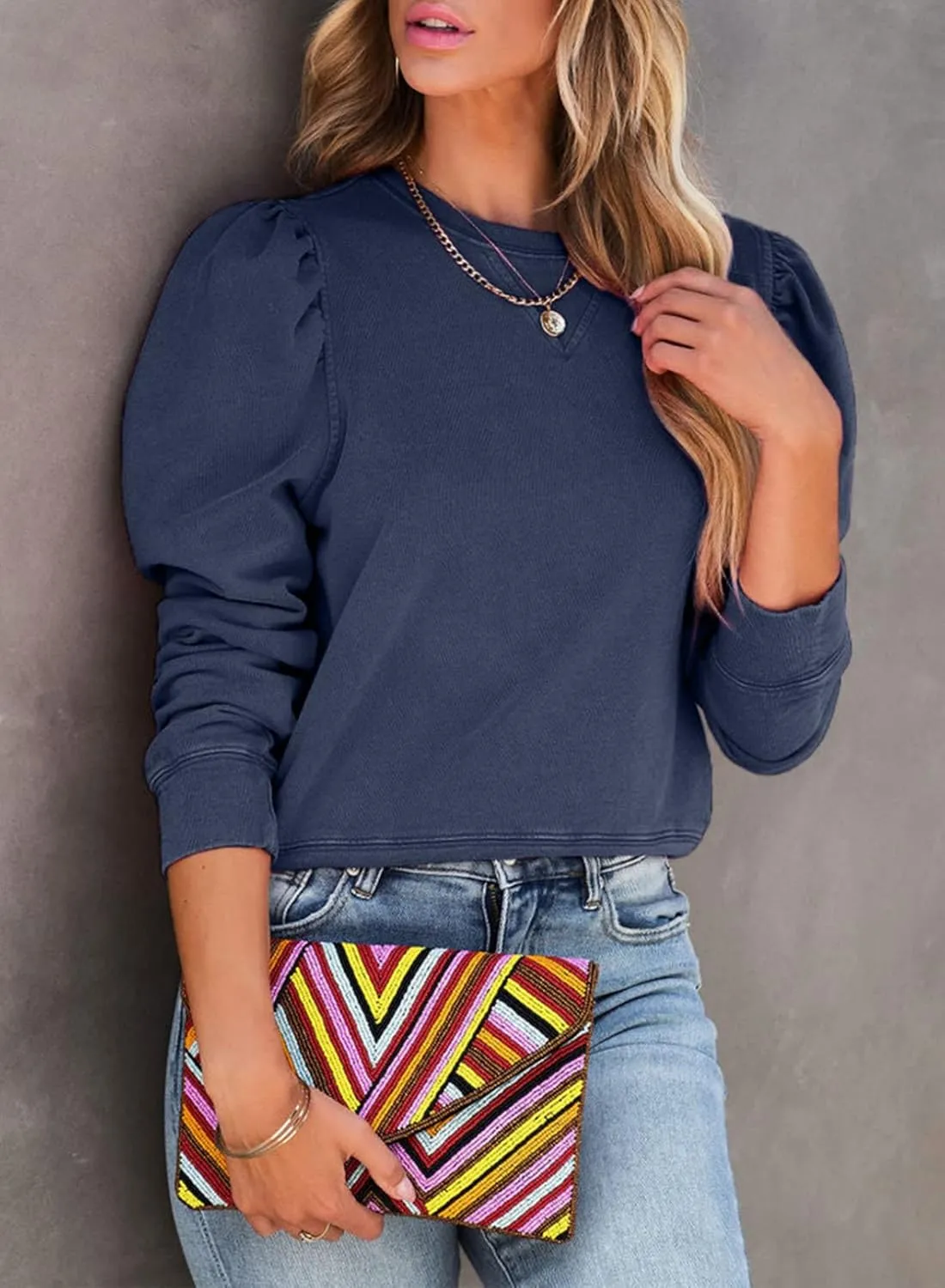 Dokotoo Womens Casual Cropped Sweatshirts Puff Sleeve Crop Pullover Crewneck Cute Tops