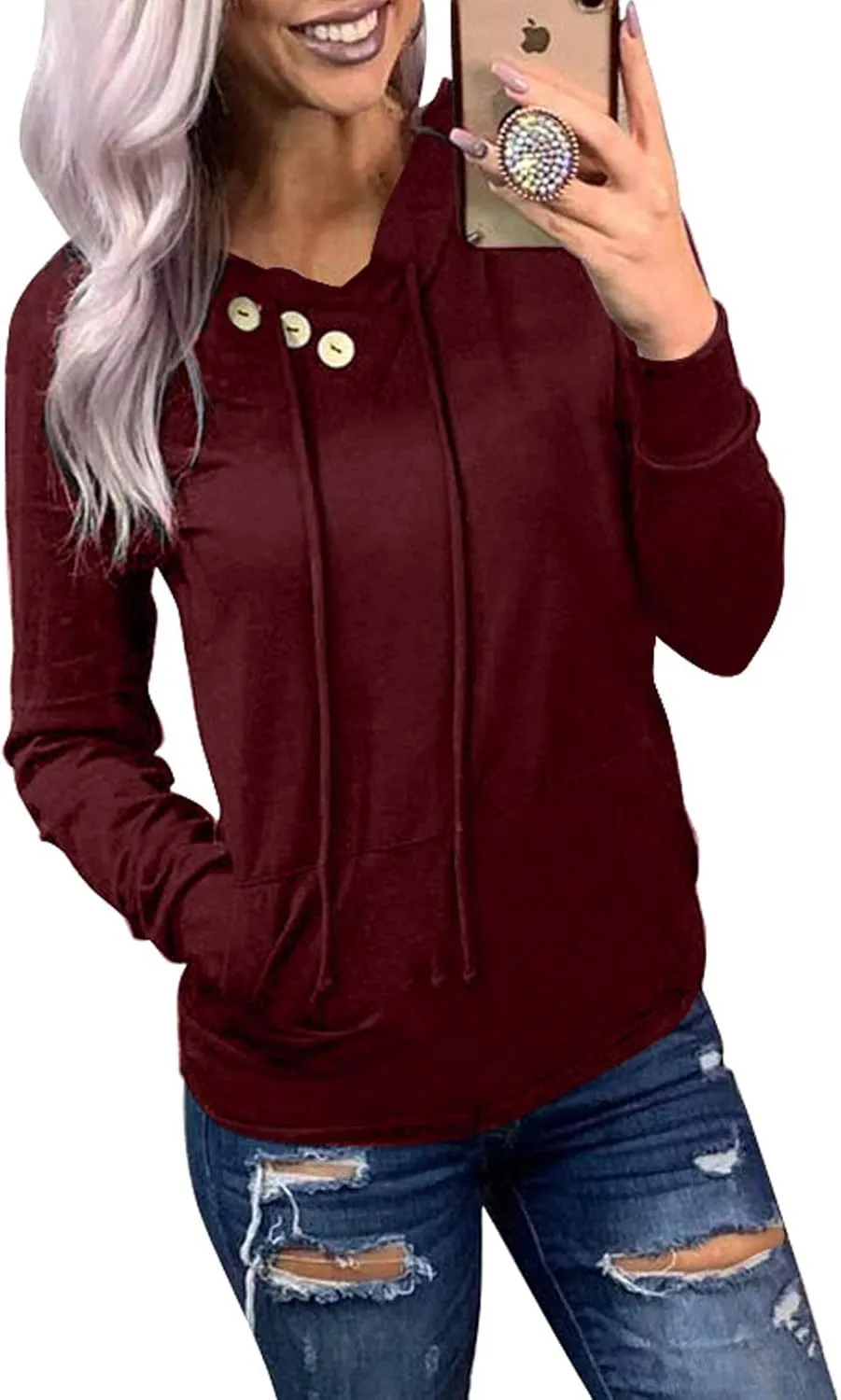 Dokotoo Women's Casual Long Sleeve Hoodies Sweatshirts Drawstring Pullover Tunic Tops With Pockets