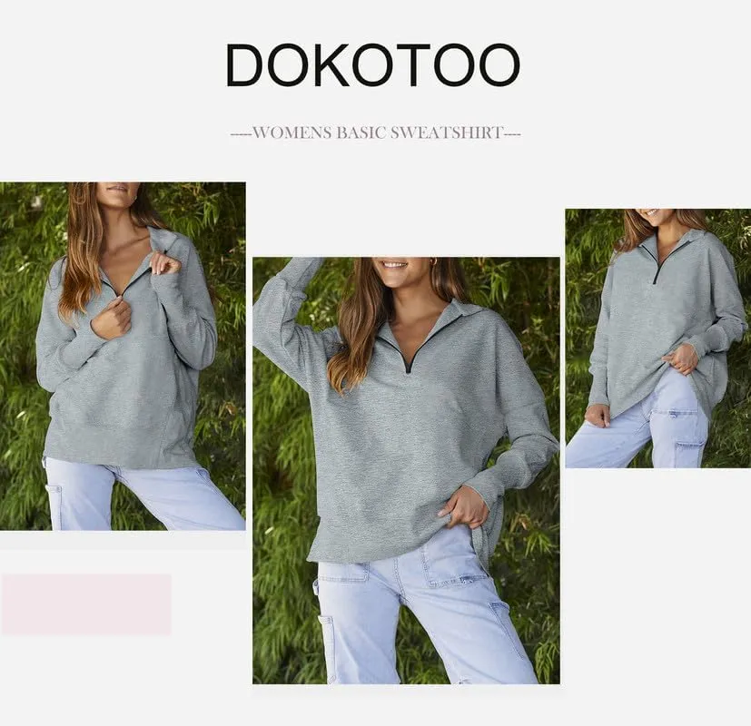 Dokotoo Women's Casual Oversized Half Zip Sweatshirts Long Sleeve Solid Color Pullover Jackets with Pockets