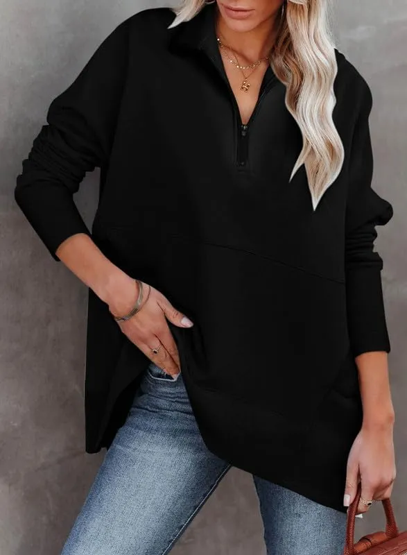 Dokotoo Women's Casual Oversized Half Zip Sweatshirts Long Sleeve Solid Color Pullover Jackets with Pockets
