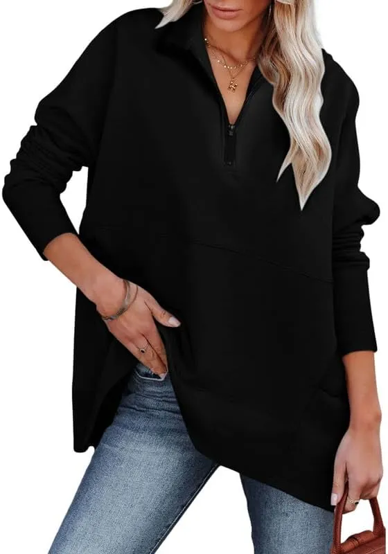 Dokotoo Women's Casual Oversized Half Zip Sweatshirts Long Sleeve Solid Color Pullover Jackets with Pockets