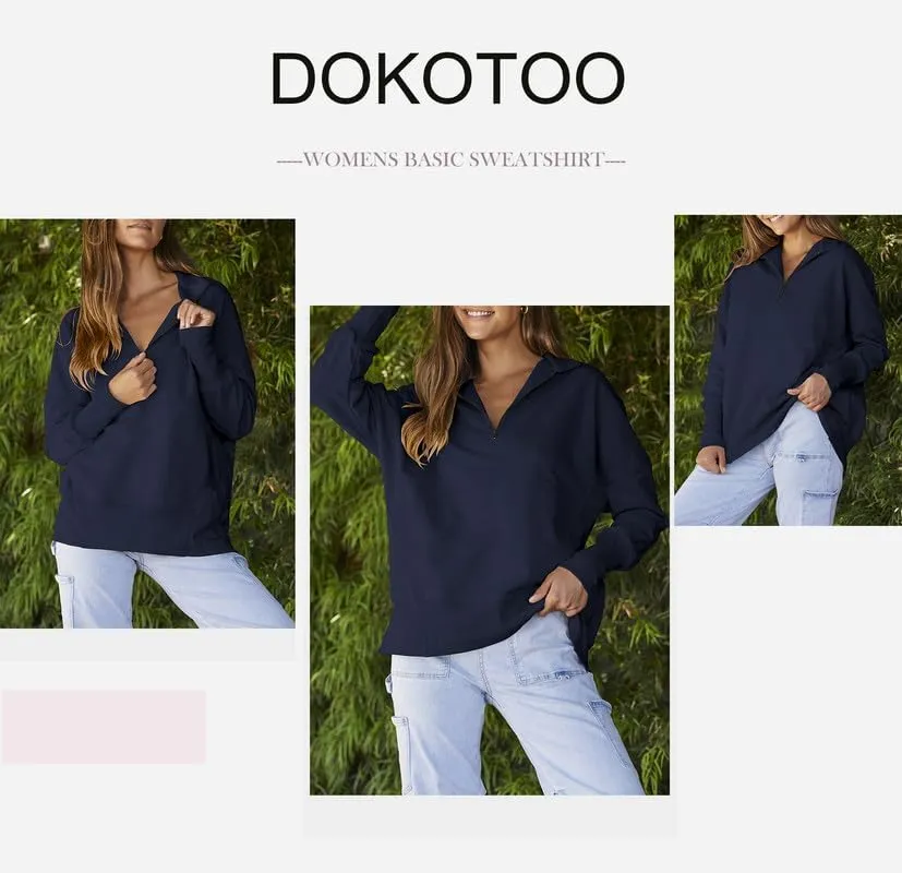 Dokotoo Women's Casual Oversized Half Zip Sweatshirts Long Sleeve Solid Color Pullover Jackets with Pockets