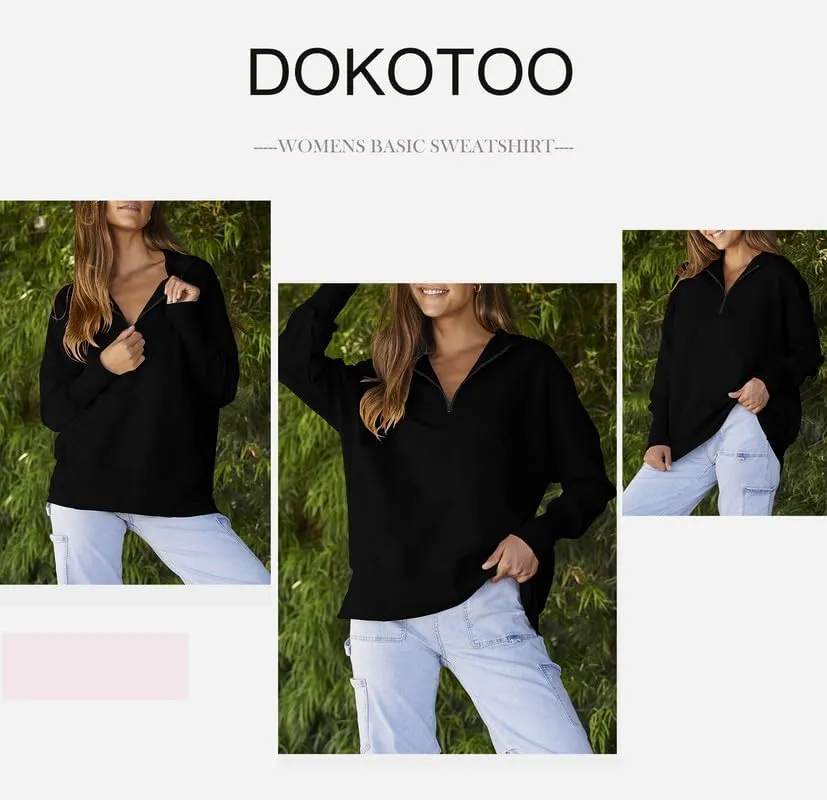Dokotoo Women's Casual Oversized Half Zip Sweatshirts Long Sleeve Solid Color Pullover Jackets with Pockets