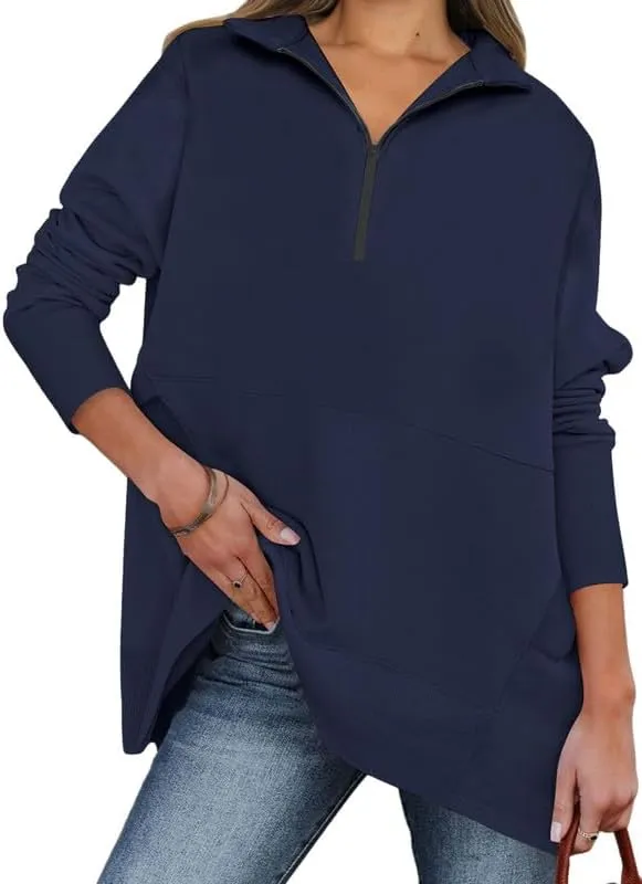 Dokotoo Women's Casual Oversized Half Zip Sweatshirts Long Sleeve Solid Color Pullover Jackets with Pockets