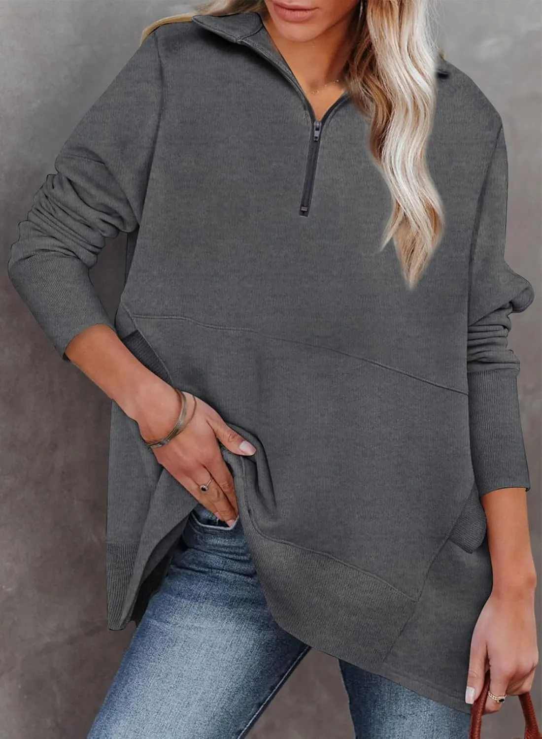Dokotoo Women's Casual Oversized Half Zip Sweatshirts Long Sleeve Solid Color Pullover Jackets with Pockets