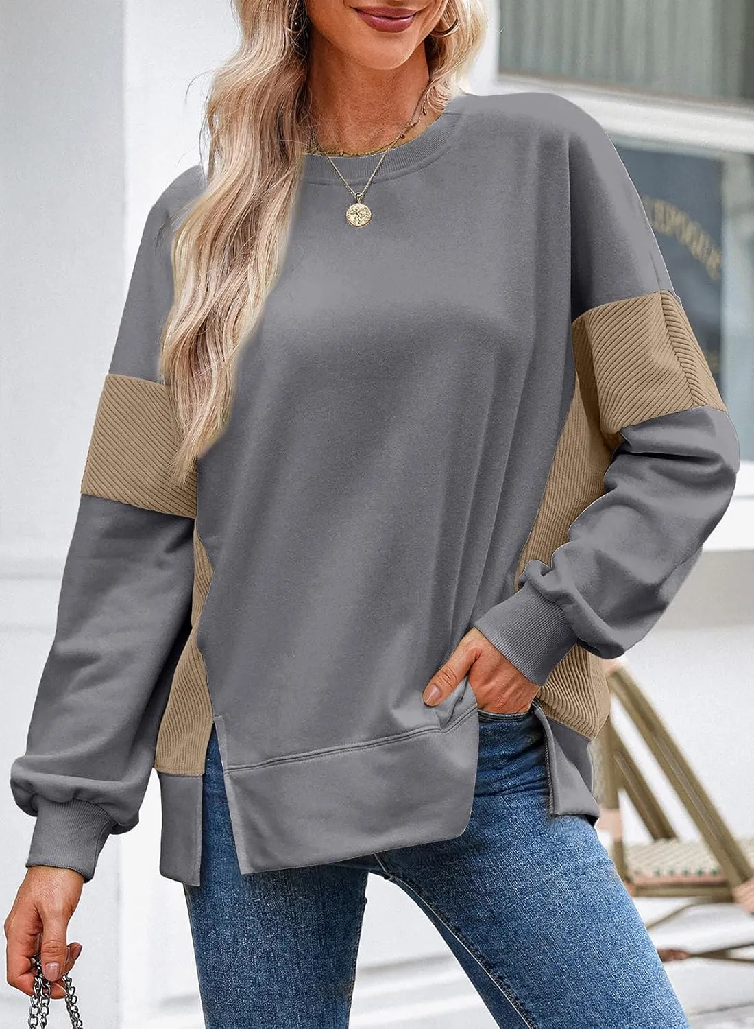 Dokotoo Women's Casual Oversized Sweatshirt Crew Neck Color Block Loose Pullover Tops Side Slit