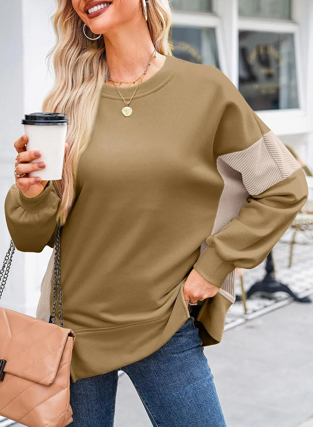 Dokotoo Women's Casual Oversized Sweatshirt Crew Neck Color Block Loose Pullover Tops Side Slit