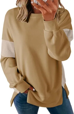 Dokotoo Women's Casual Oversized Sweatshirt Crew Neck Color Block Loose Pullover Tops Side Slit