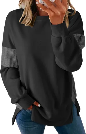 Dokotoo Women's Casual Oversized Sweatshirt Crew Neck Color Block Loose Pullover Tops Side Slit