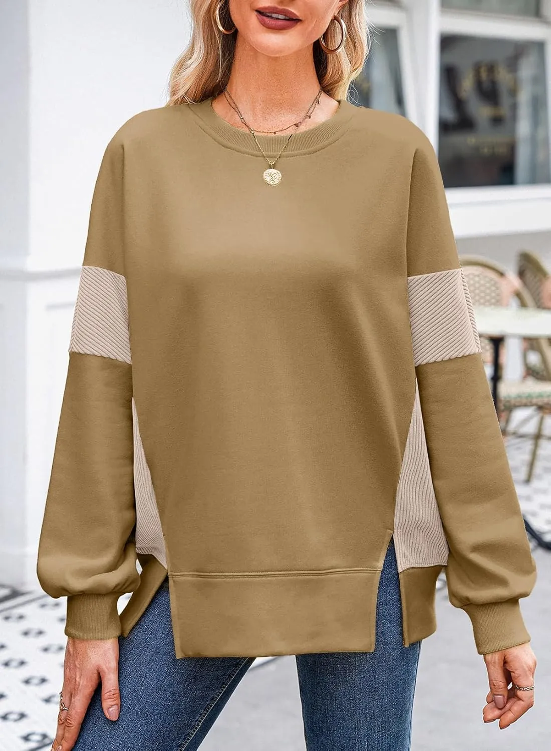 Dokotoo Women's Casual Oversized Sweatshirt Crew Neck Color Block Loose Pullover Tops Side Slit