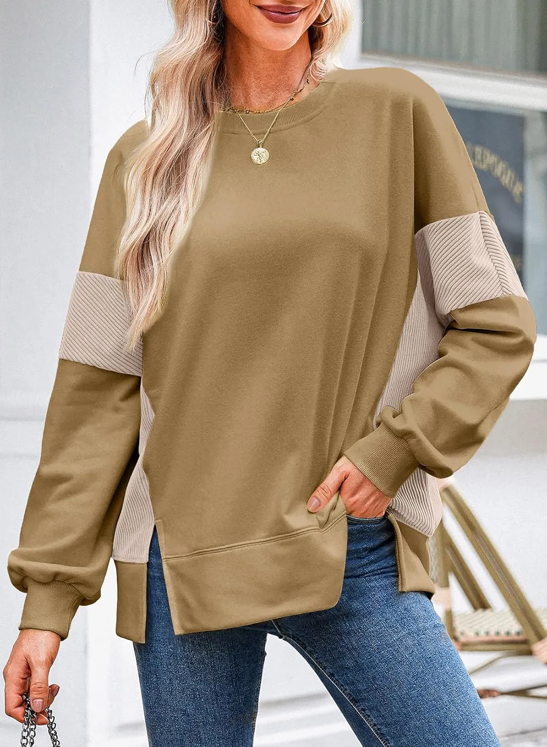 Dokotoo Women's Casual Oversized Sweatshirt Crew Neck Color Block Loose Pullover Tops Side Slit