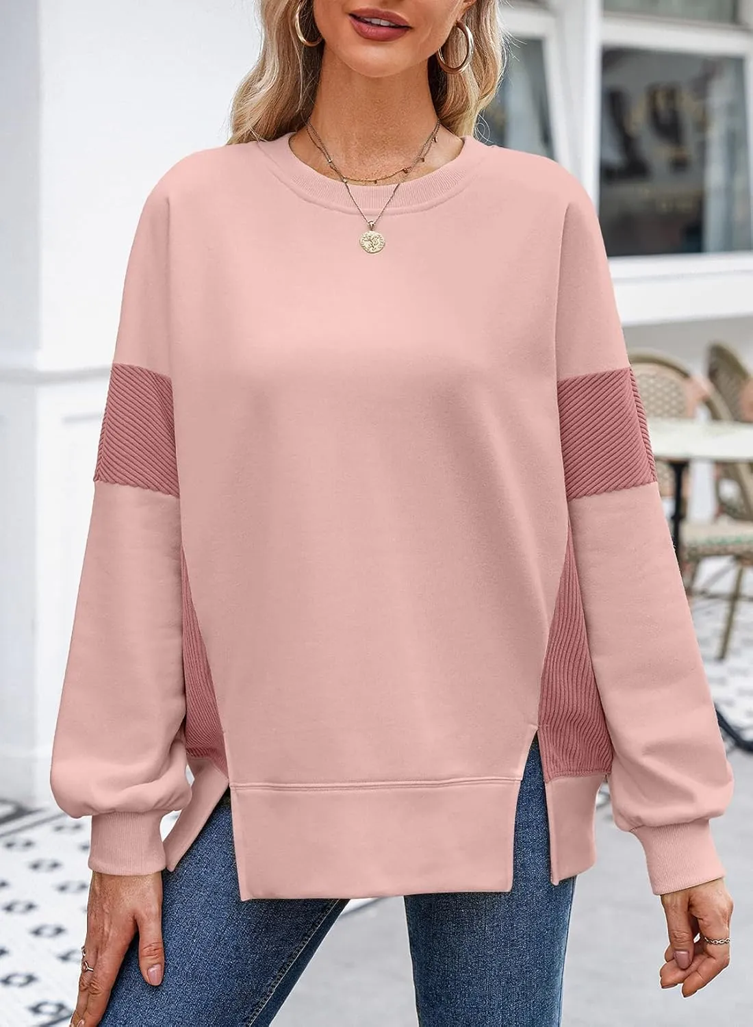 Dokotoo Women's Casual Oversized Sweatshirt Crew Neck Color Block Loose Pullover Tops Side Slit