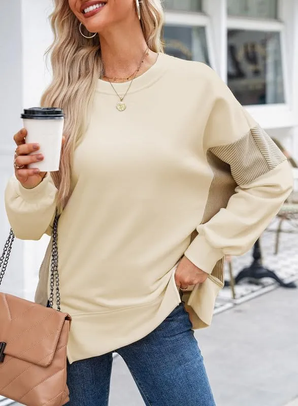 Dokotoo Women's Casual Oversized Sweatshirt Crew Neck Color Block Loose Pullover Tops Side Slit