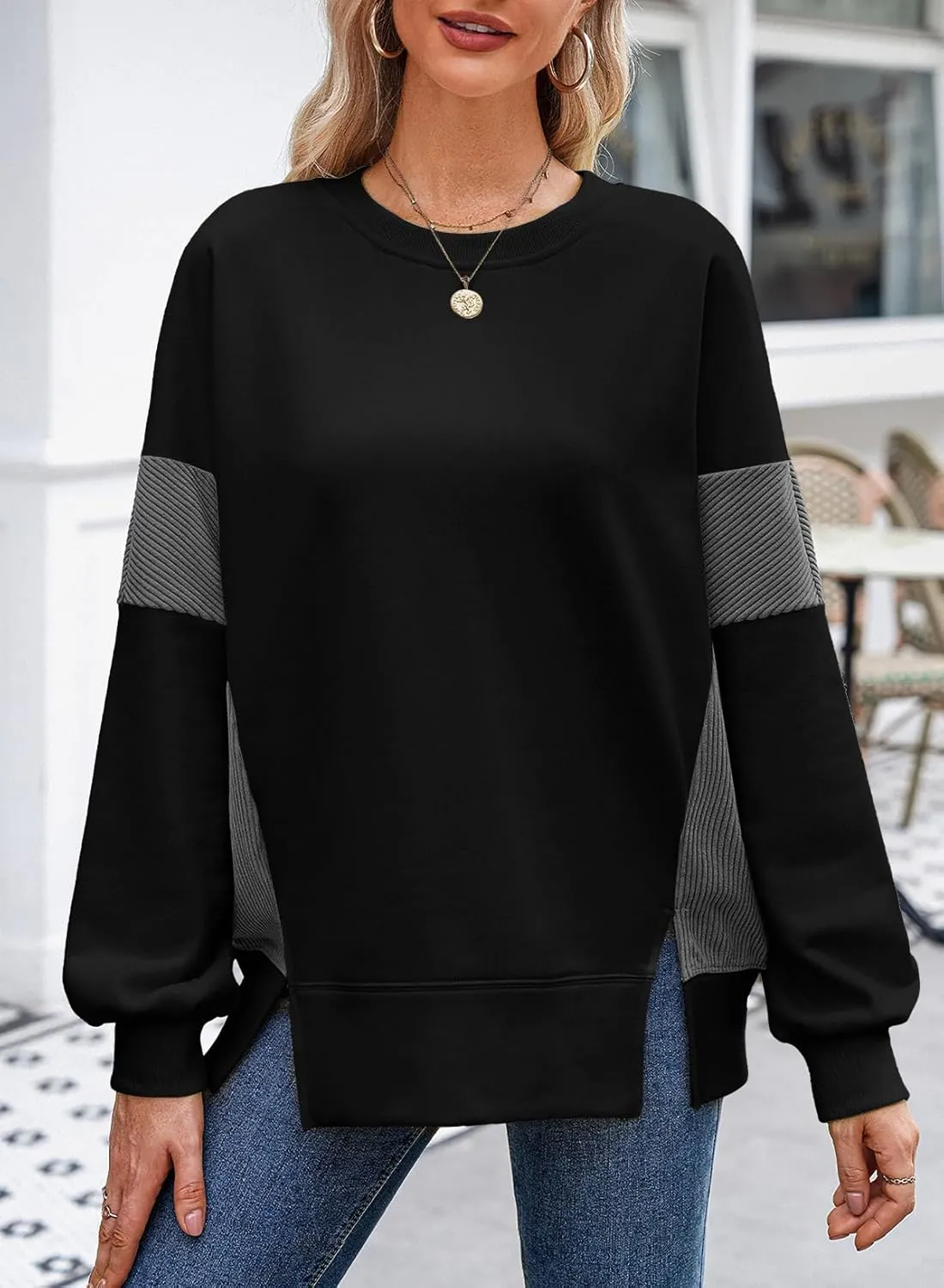 Dokotoo Women's Casual Oversized Sweatshirt Crew Neck Color Block Loose Pullover Tops Side Slit