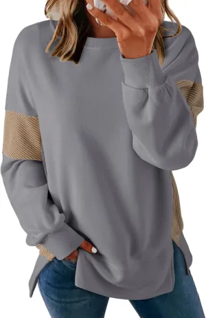 Dokotoo Women's Casual Oversized Sweatshirt Crew Neck Color Block Loose Pullover Tops Side Slit