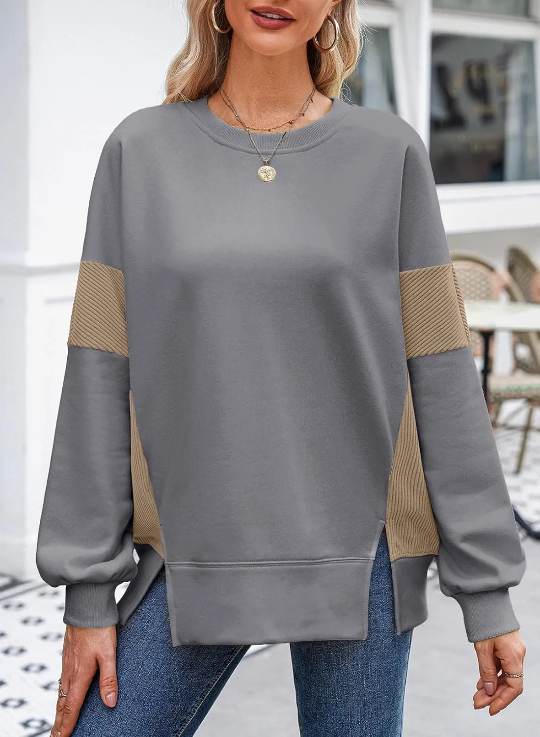 Dokotoo Women's Casual Oversized Sweatshirt Crew Neck Color Block Loose Pullover Tops Side Slit