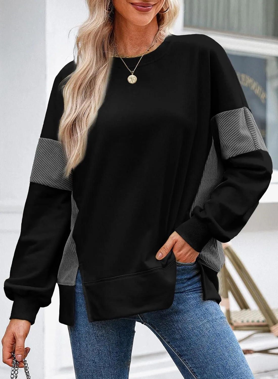 Dokotoo Women's Casual Oversized Sweatshirt Crew Neck Color Block Loose Pullover Tops Side Slit