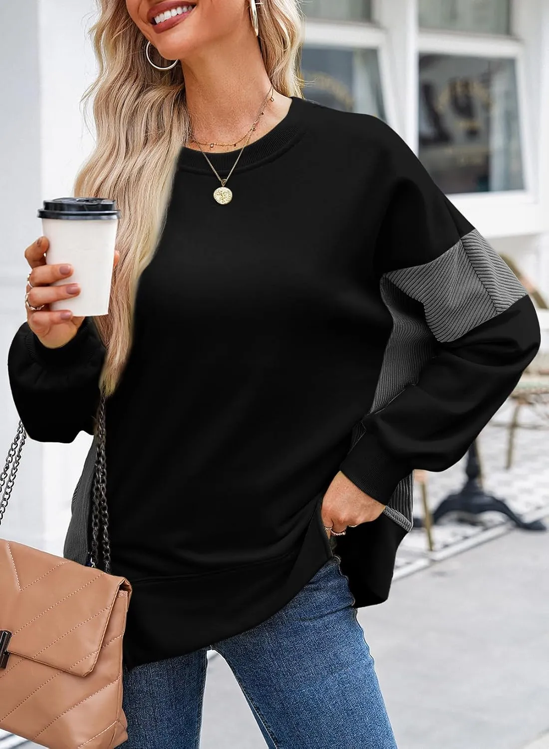 Dokotoo Women's Casual Oversized Sweatshirt Crew Neck Color Block Loose Pullover Tops Side Slit