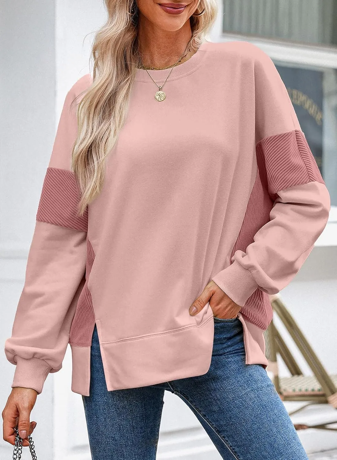 Dokotoo Women's Casual Oversized Sweatshirt Crew Neck Color Block Loose Pullover Tops Side Slit
