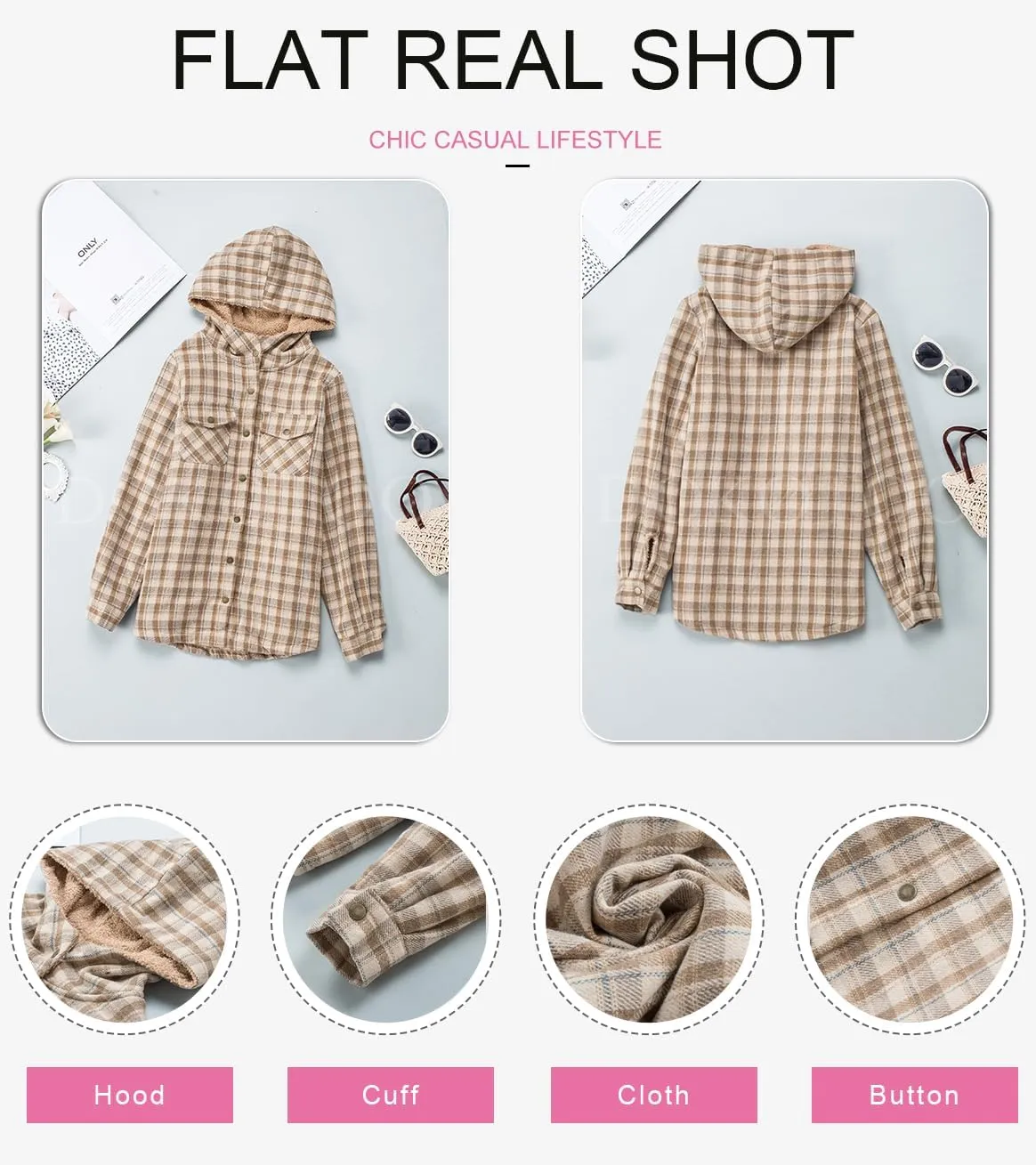 Dokotoo Womens Plaid Shacket Jacket Long Sleeve Button Down Fleece Hooded Jackets Warm Coat