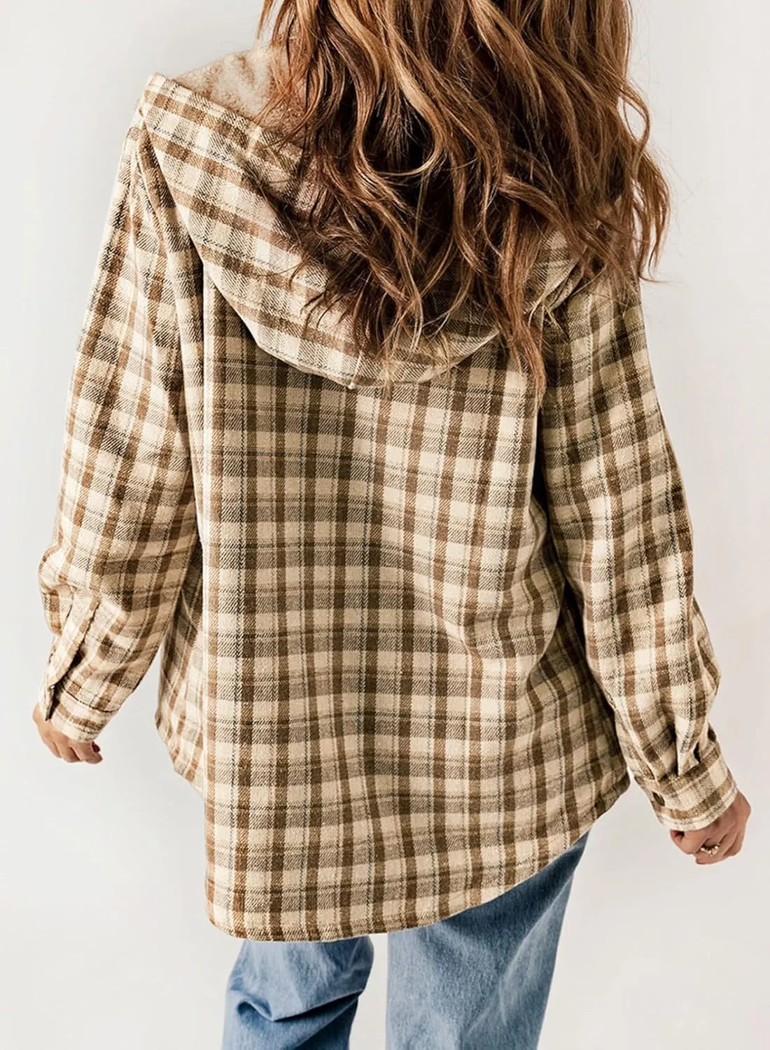Dokotoo Womens Plaid Shacket Jacket Long Sleeve Button Down Fleece Hooded Jackets Warm Coat