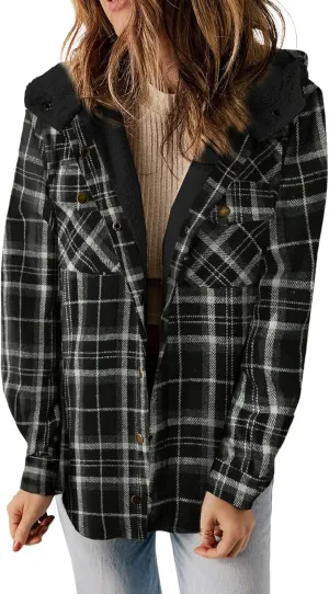 Dokotoo Womens Plaid Shacket Jacket Long Sleeve Button Down Fleece Hooded Jackets Warm Coat