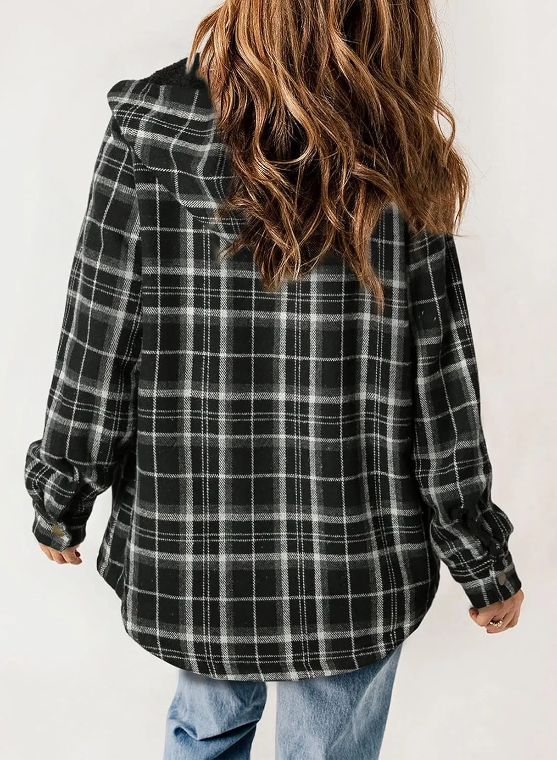 Dokotoo Womens Plaid Shacket Jacket Long Sleeve Button Down Fleece Hooded Jackets Warm Coat