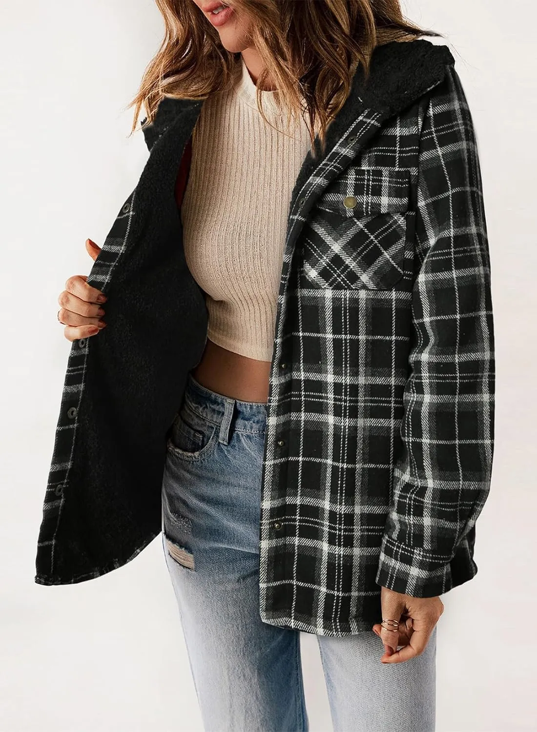 Dokotoo Womens Plaid Shacket Jacket Long Sleeve Button Down Fleece Hooded Jackets Warm Coat
