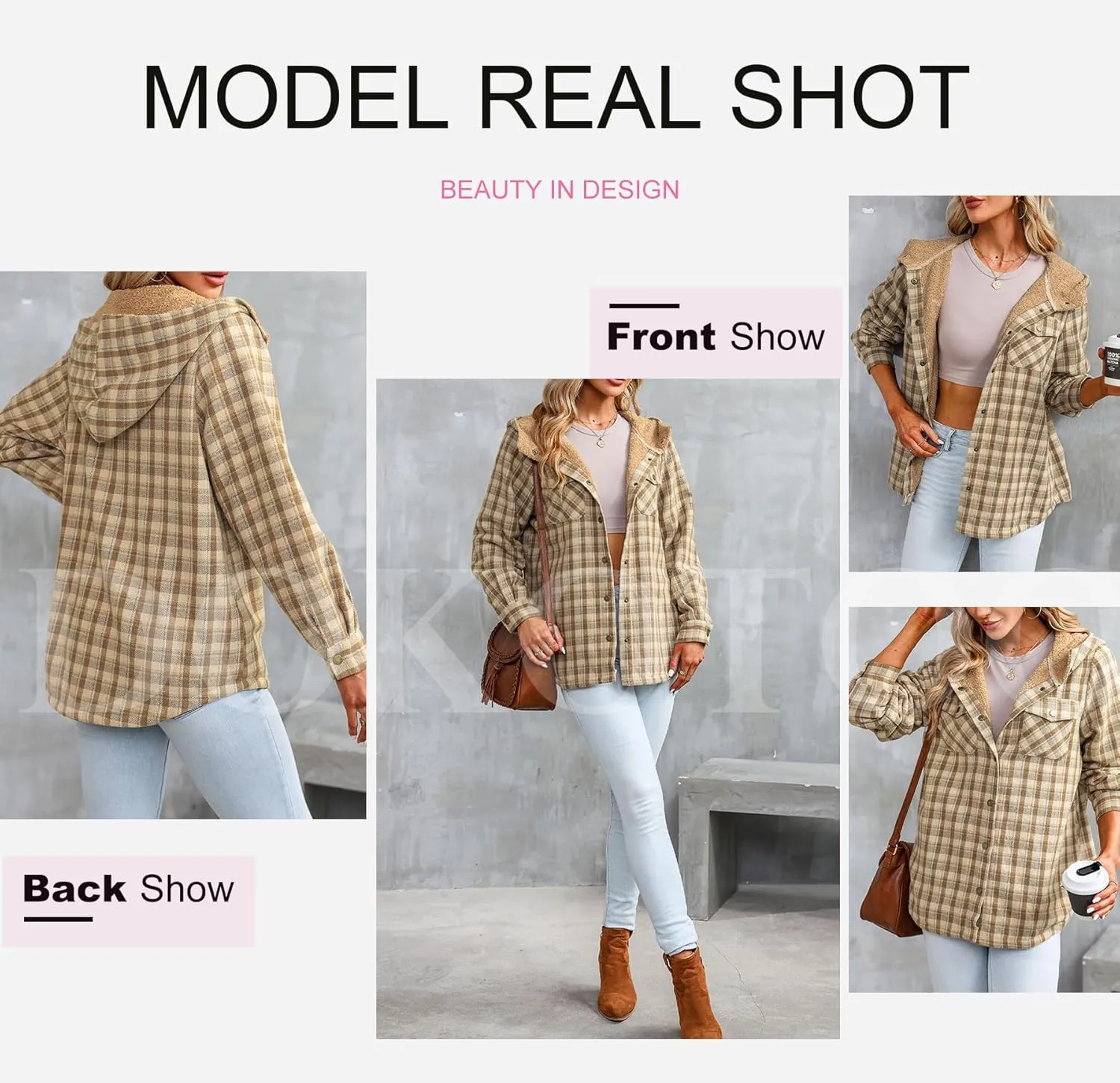 Dokotoo Womens Plaid Shacket Jacket Long Sleeve Button Down Fleece Hooded Jackets Warm Coat