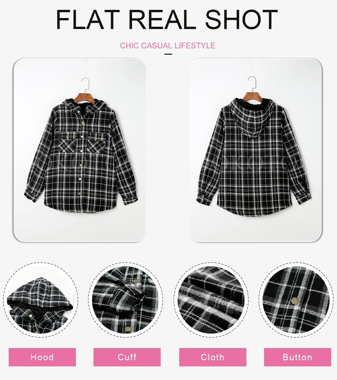 Dokotoo Womens Plaid Shacket Jacket Long Sleeve Button Down Fleece Hooded Jackets Warm Coat