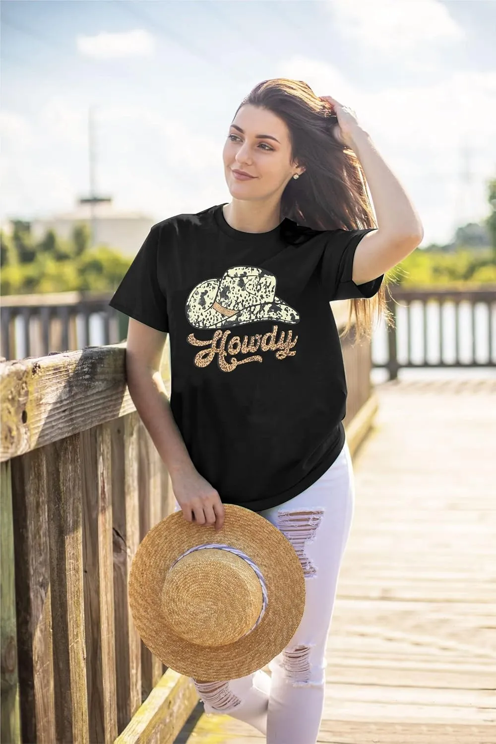 DUTUT Howdy Tshirt Women Country Southern Shirts Rodeo Cowgirl Western Shirt Honey Hat Leopard T-Shirt Summer Vintage Tees