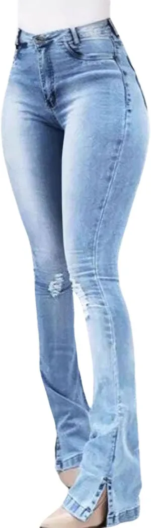 ebossy Women's Trendy Bell Hem Flared Jeans Stretchy High Waist Slit Distressed Bootcut Skinny Denim Pants
