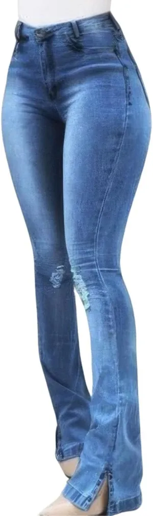 ebossy Women's Trendy Bell Hem Flared Jeans Stretchy High Waist Slit Distressed Bootcut Skinny Denim Pants
