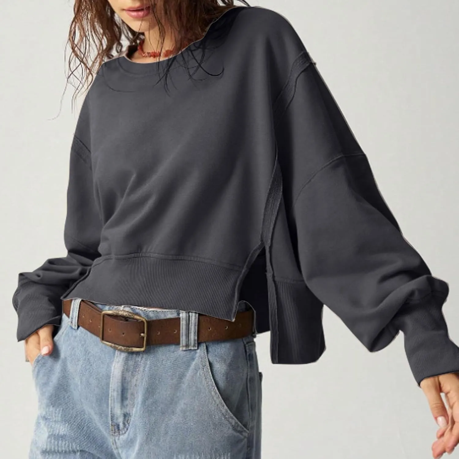 EGUGYDW Womens Crewneck Sweatshirts Cropped Long Sleeve Side Slit Loose Fit Teen Girls 2024 Fall Crop Pullover Tops