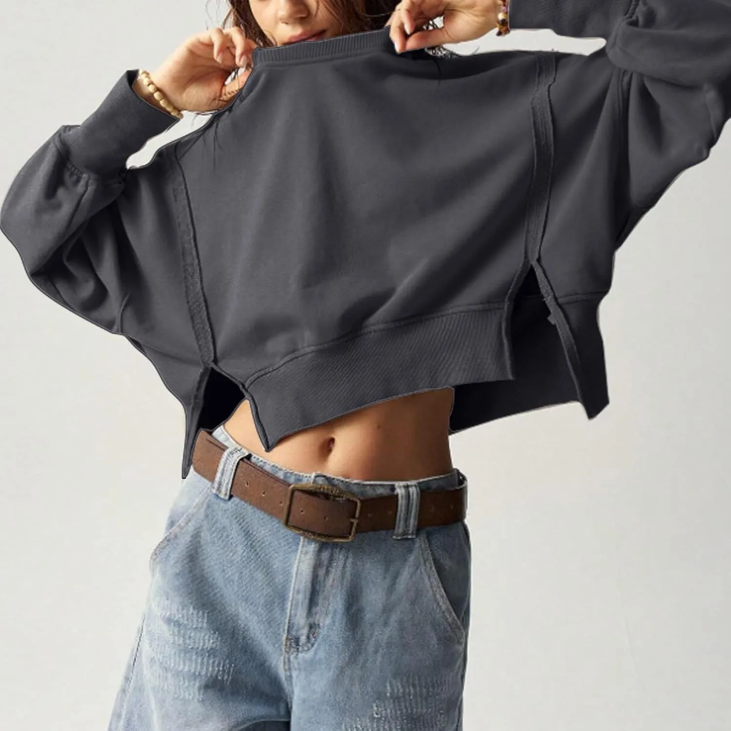 EGUGYDW Womens Crewneck Sweatshirts Cropped Long Sleeve Side Slit Loose Fit Teen Girls 2024 Fall Crop Pullover Tops