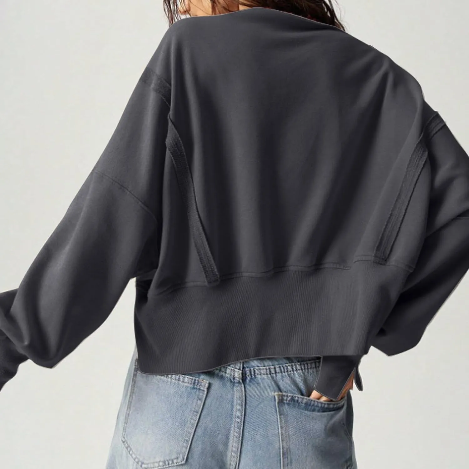 EGUGYDW Womens Crewneck Sweatshirts Cropped Long Sleeve Side Slit Loose Fit Teen Girls 2024 Fall Crop Pullover Tops