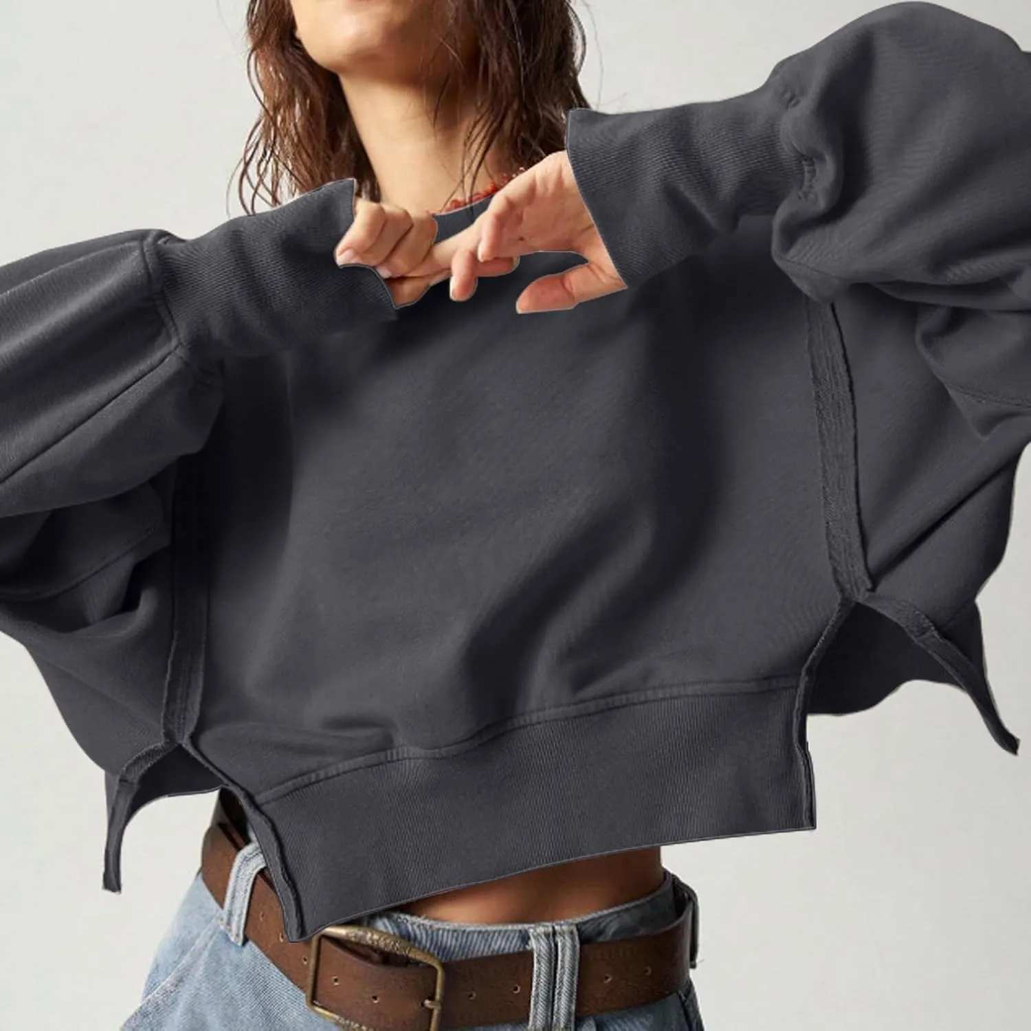 EGUGYDW Womens Crewneck Sweatshirts Cropped Long Sleeve Side Slit Loose Fit Teen Girls 2024 Fall Crop Pullover Tops