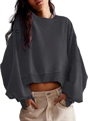 EGUGYDW Womens Crewneck Sweatshirts Cropped Long Sleeve Side Slit Loose Fit Teen Girls 2024 Fall Crop Pullover Tops