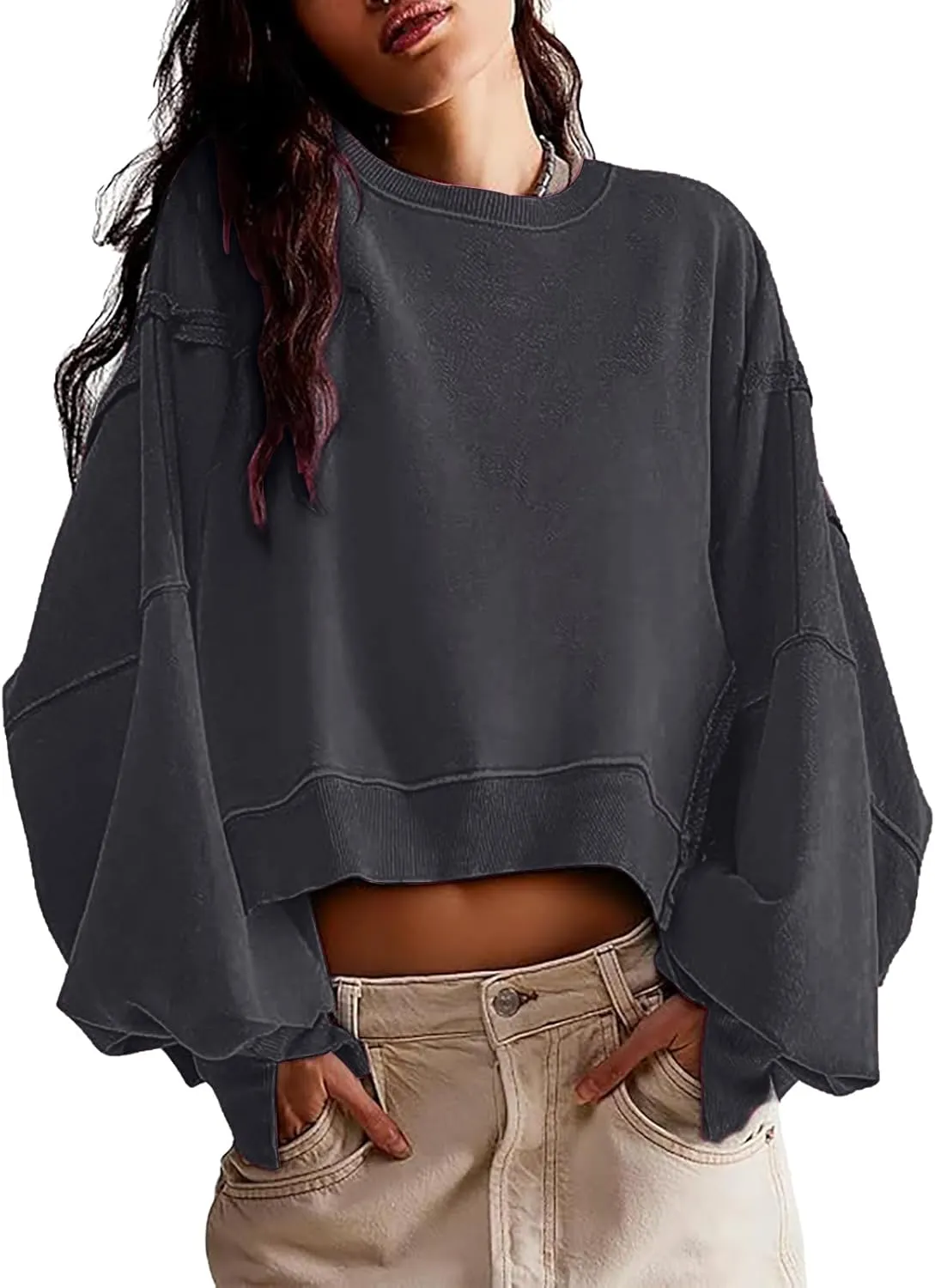 EGUGYDW Womens Crewneck Sweatshirts Cropped Long Sleeve Side Slit Loose Fit Teen Girls 2024 Fall Crop Pullover Tops
