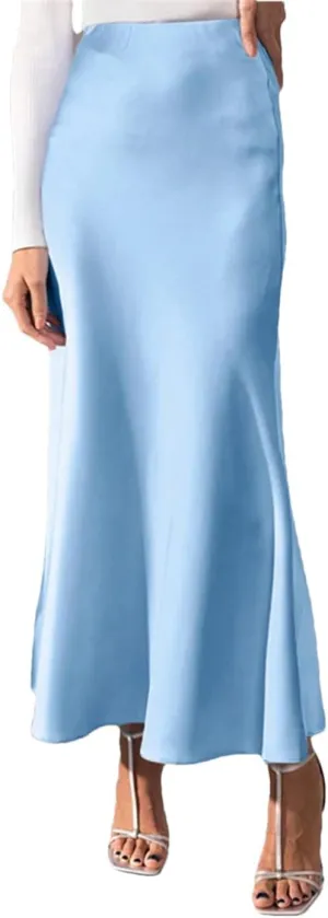 Elegant Women Long Maxi Skirts Satin Summer Fashion Bottoms Solid Pleated Loose High Waist Ruffled Party Skirts