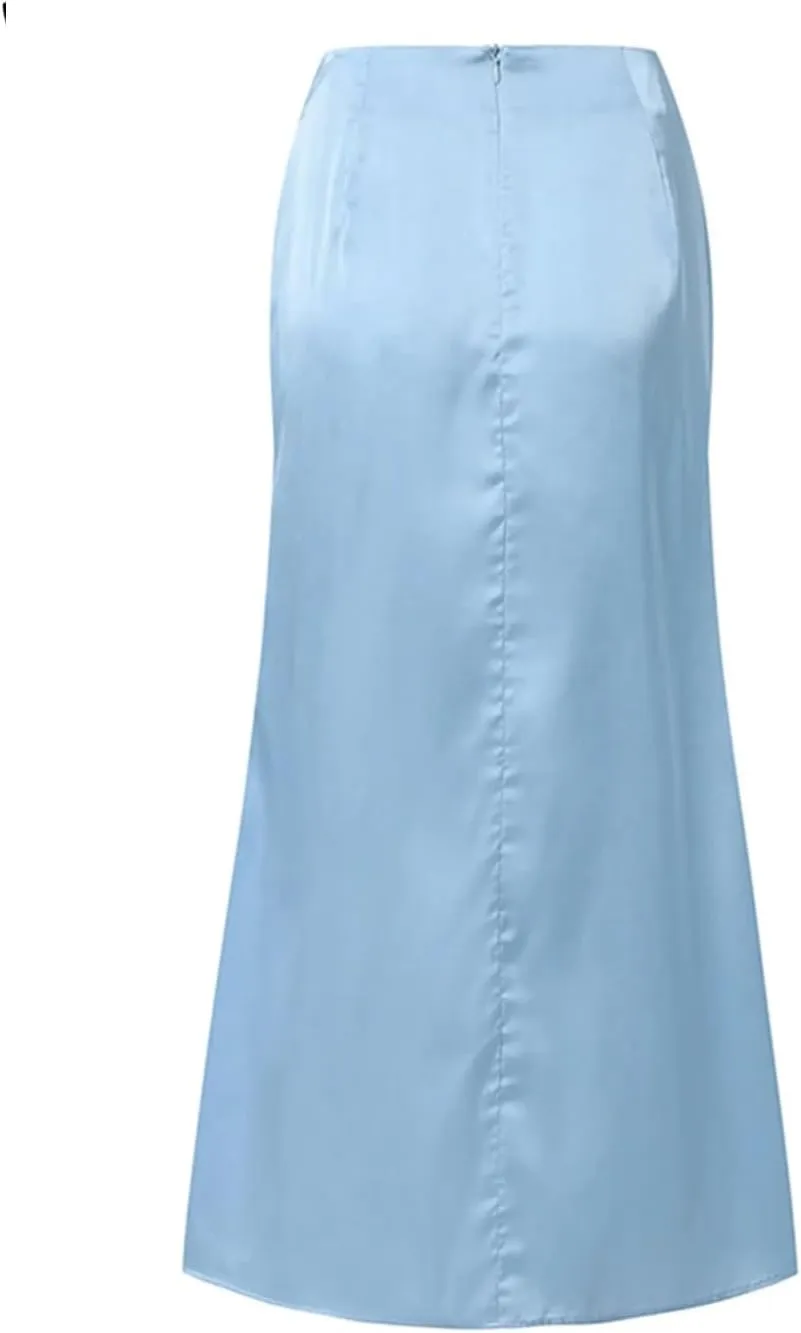 Elegant Women Long Maxi Skirts Satin Summer Fashion Bottoms Solid Pleated Loose High Waist Ruffled Party Skirts