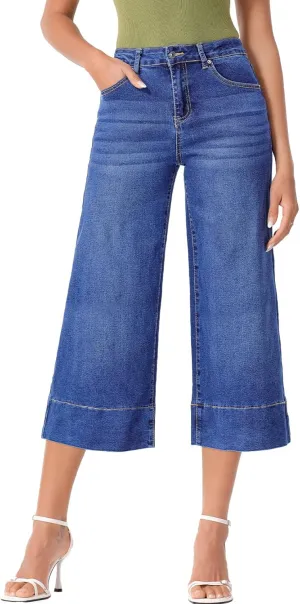EVALESS Wide Leg Jeans for Women High Waisted Capri Pants Trendy Stretchy Straight Baggy Denim Pants