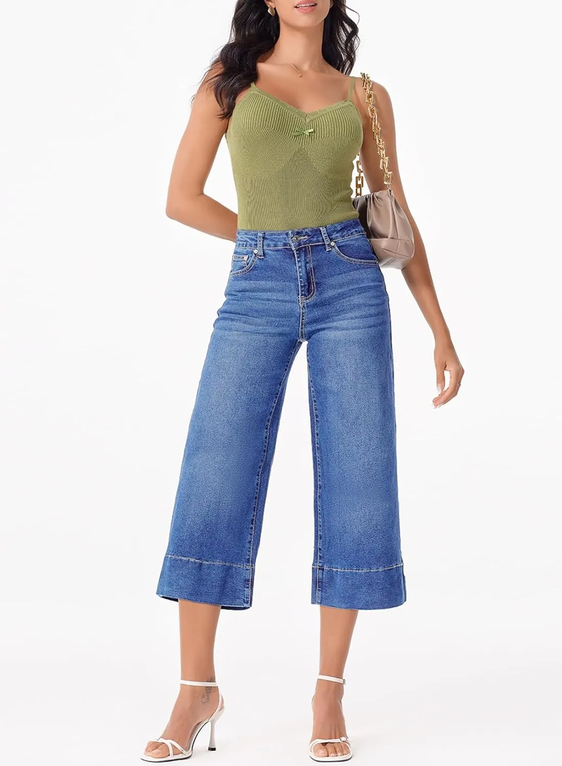 EVALESS Wide Leg Jeans for Women High Waisted Capri Pants Trendy Stretchy Straight Baggy Denim Pants
