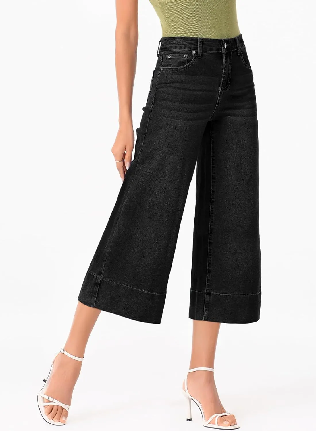 EVALESS Wide Leg Jeans for Women High Waisted Capri Pants Trendy Stretchy Straight Baggy Denim Pants