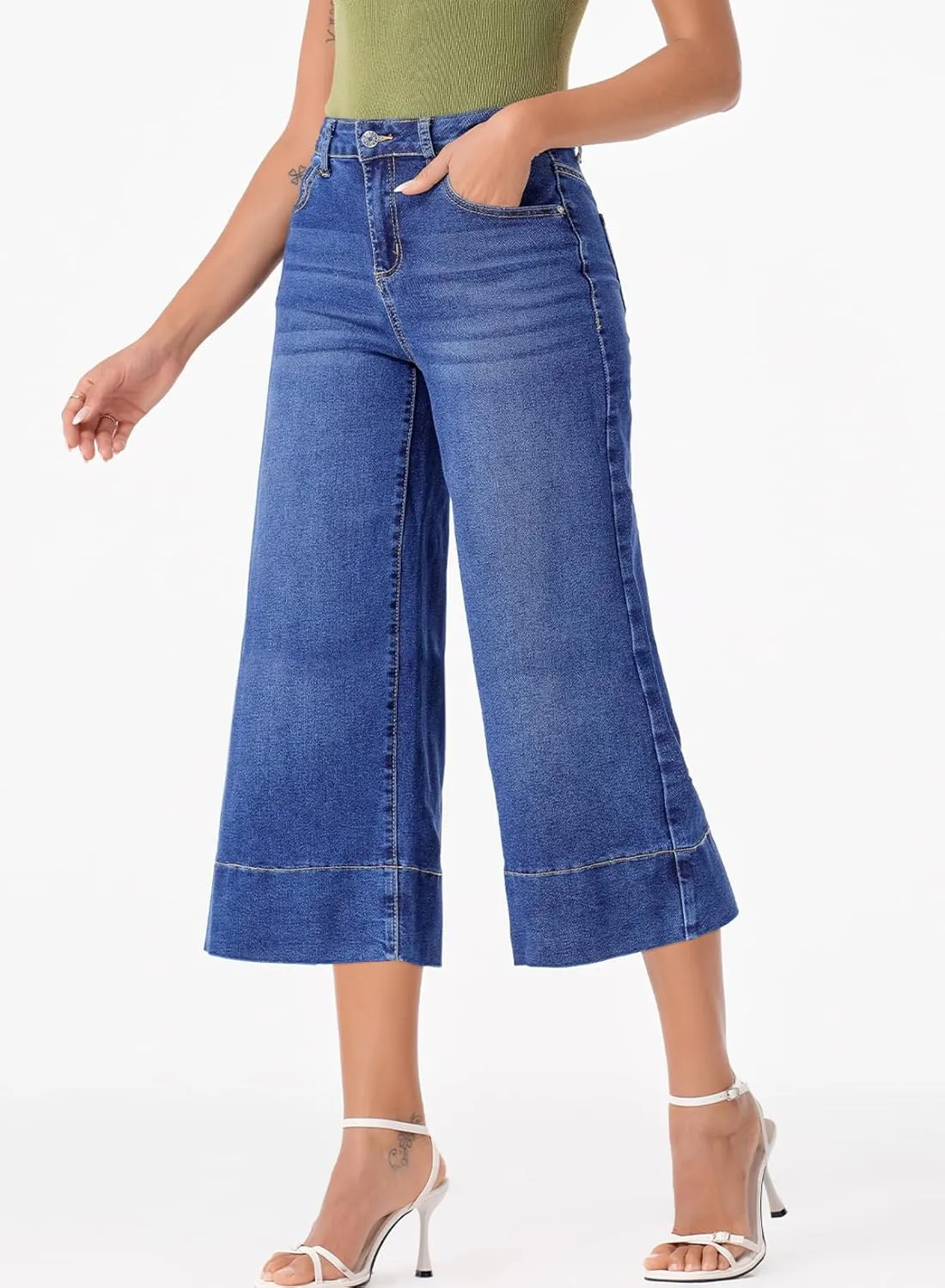 EVALESS Wide Leg Jeans for Women High Waisted Capri Pants Trendy Stretchy Straight Baggy Denim Pants