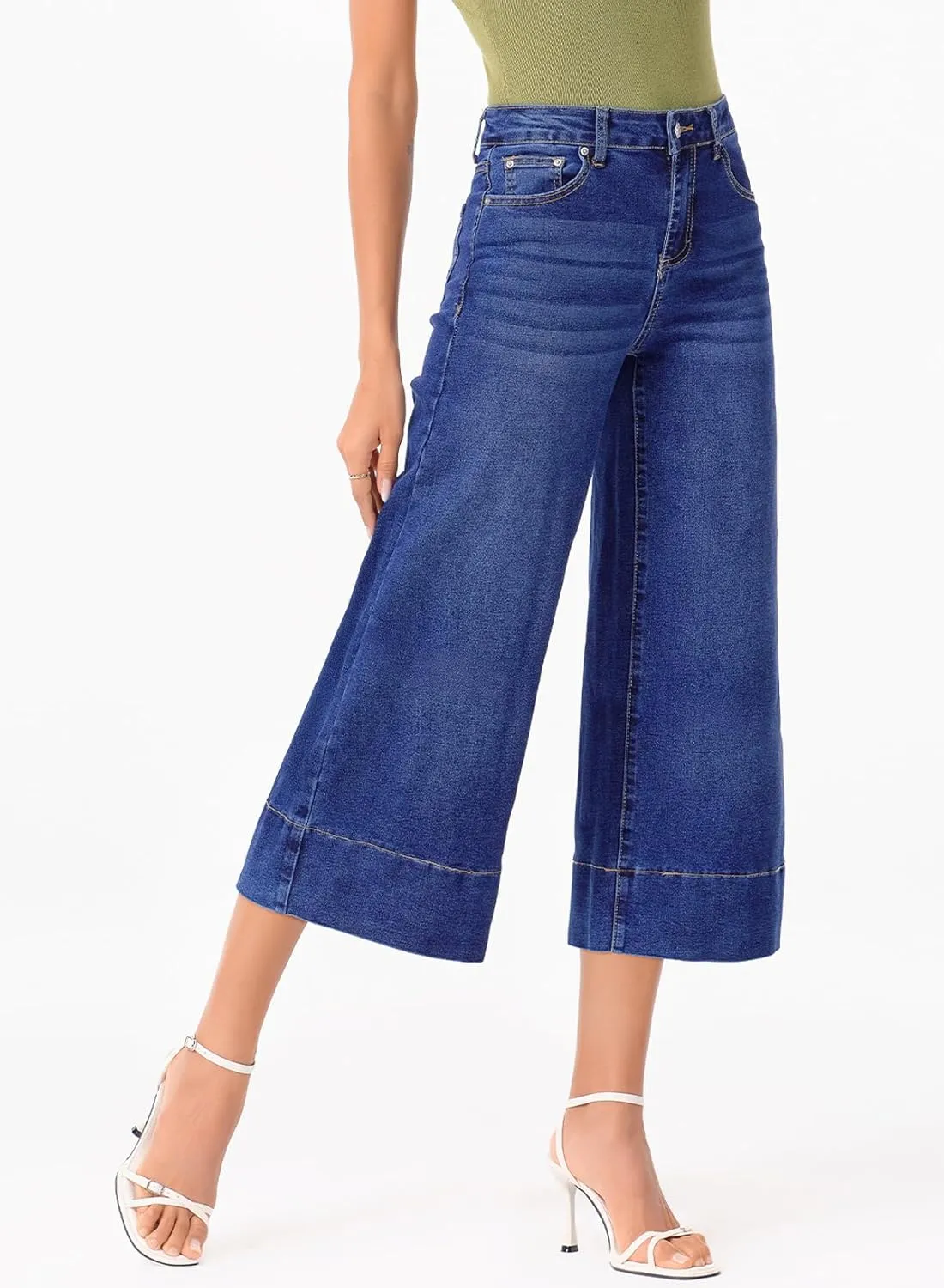 EVALESS Wide Leg Jeans for Women High Waisted Capri Pants Trendy Stretchy Straight Baggy Denim Pants