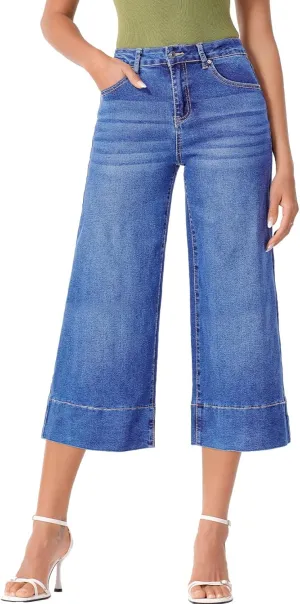EVALESS Wide Leg Jeans for Women High Waisted Capri Pants Trendy Stretchy Straight Baggy Denim Pants