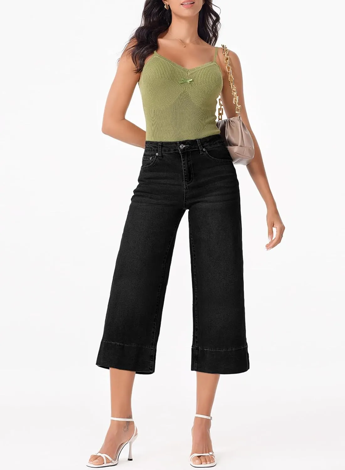 EVALESS Wide Leg Jeans for Women High Waisted Capri Pants Trendy Stretchy Straight Baggy Denim Pants